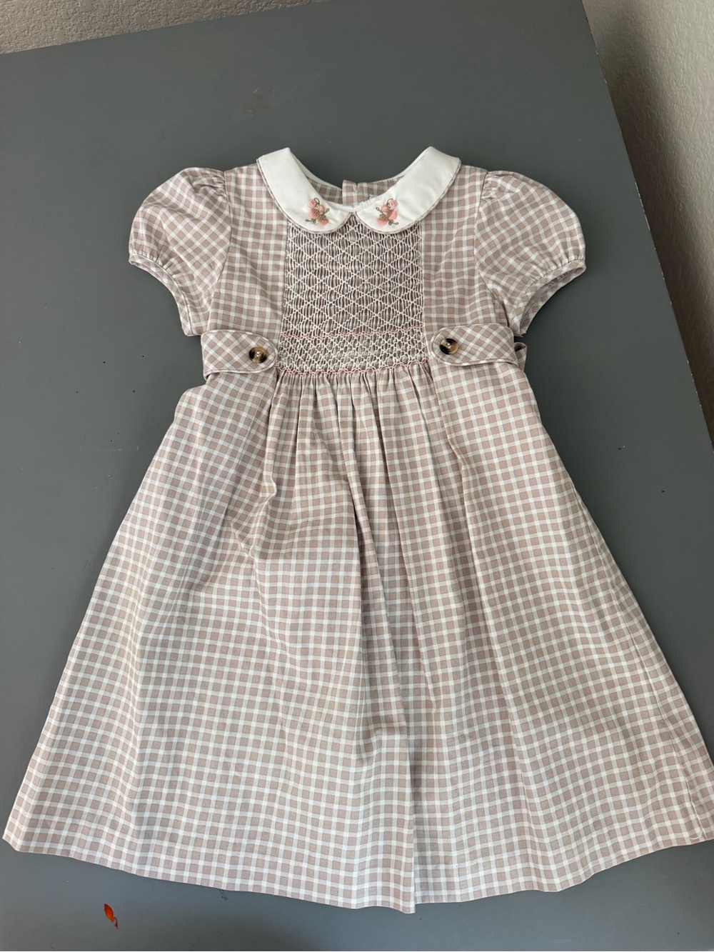 Edgehill Collection Pale Pink Gingham Smocked Peter Pan Collar Dress